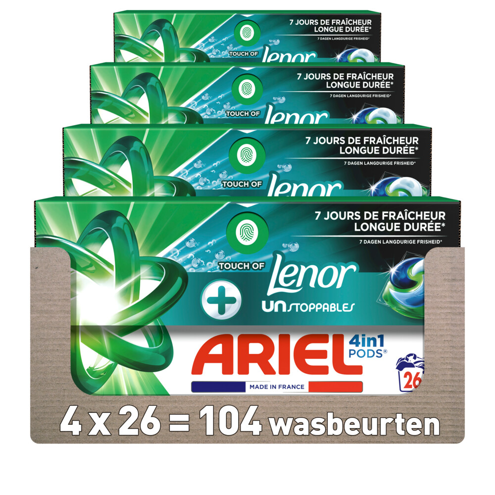 4x Ariel 4in1 Wasmiddel Pods Lenor Unstoppables 26 stuks
