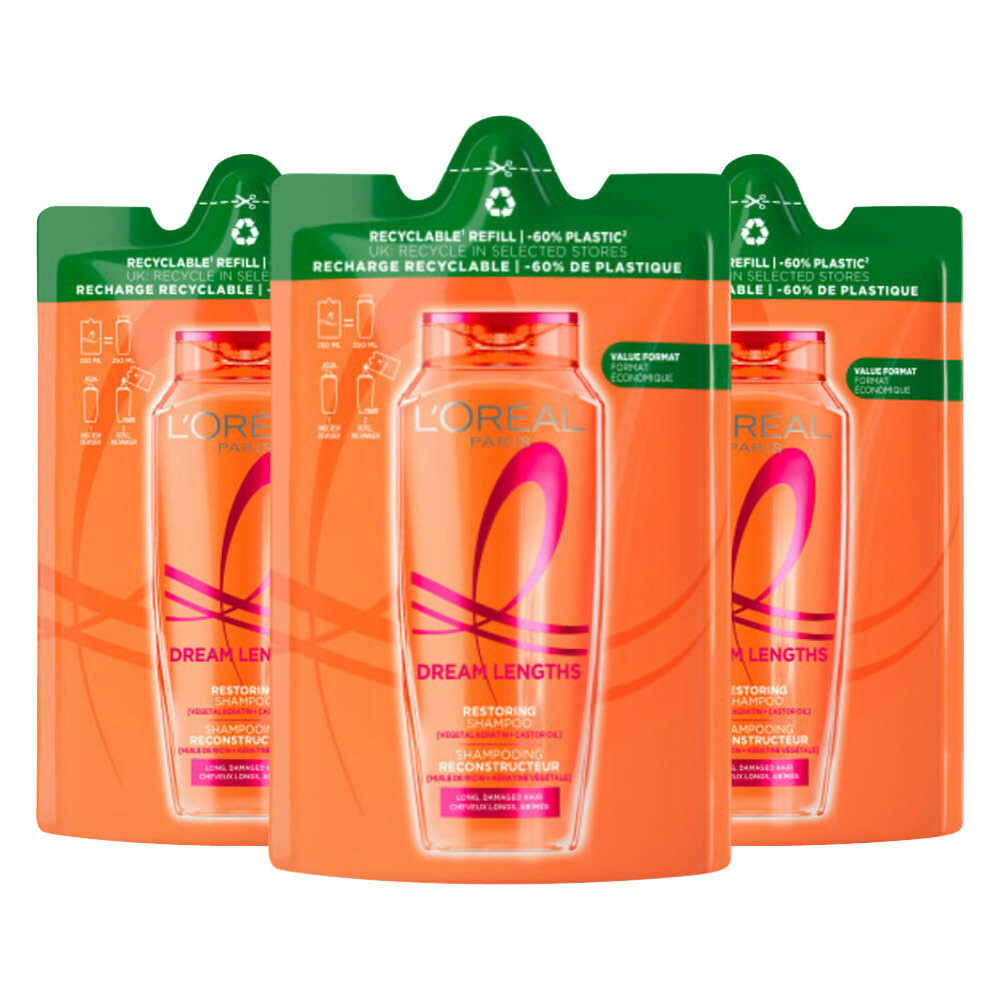 3x L'Oréal Elvive Dream Lengths Shampoo Refill 250 ml