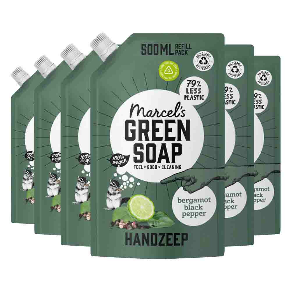 6x Marcel's Green Soap Handzeep Bergamot&Black Pepper Navulling 500 ml