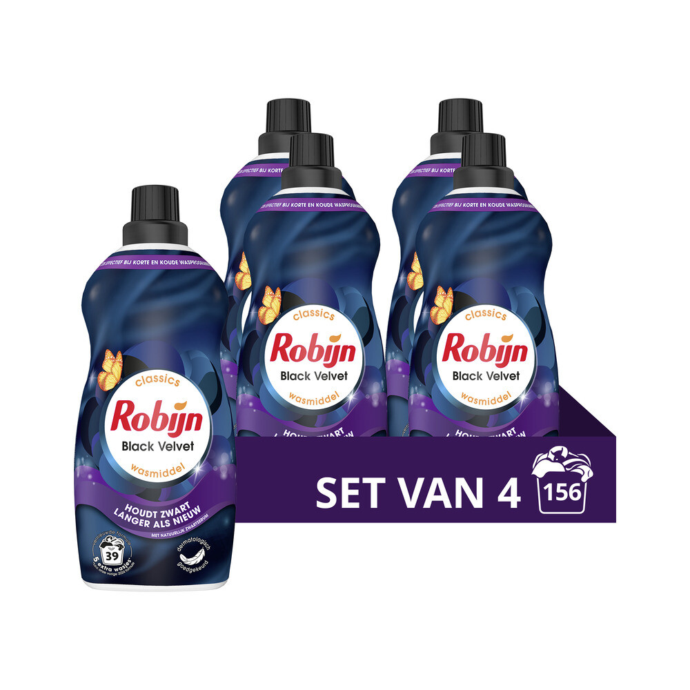 4x Robijn Klein&Krachtig Wasmiddel Black Velvet 39 Wasbeurten 1,19 liter