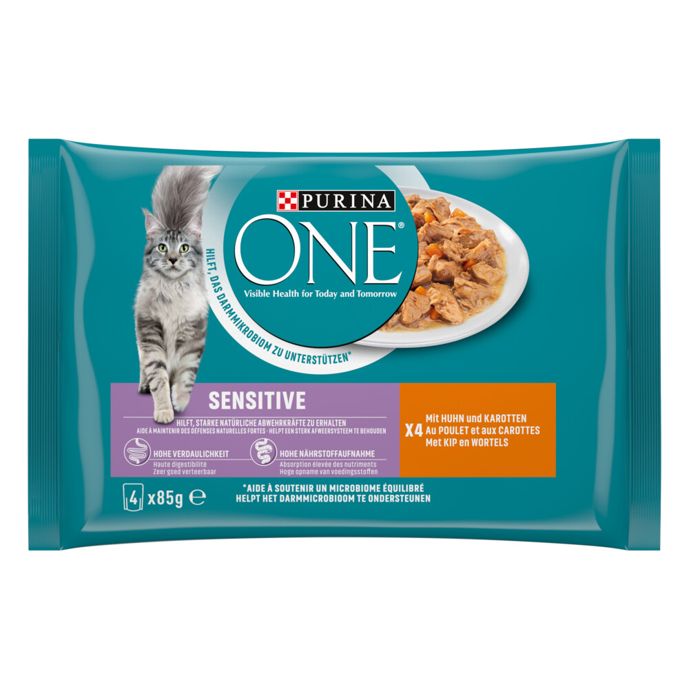 12x Purina ONE Kattenvoer Nat Sensitive Adult Kip&Wortel 4 x 85 gr