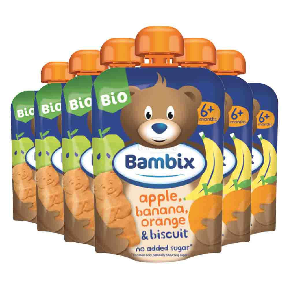 6x Bambix Knijpzakje Appel Banaan Sinaasappel Koekjes Bio 6+mnd 100 gr