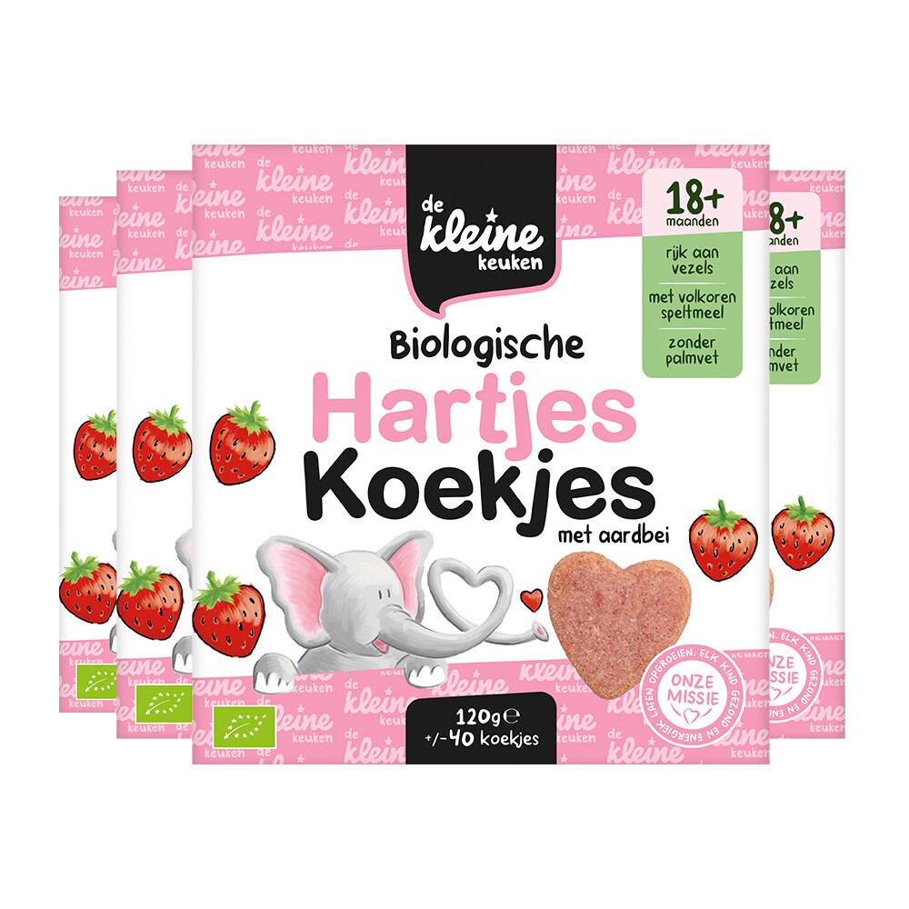 De Kleine Keuken 4x  Bio Hartjeskoekjes Aardbei 120 gr