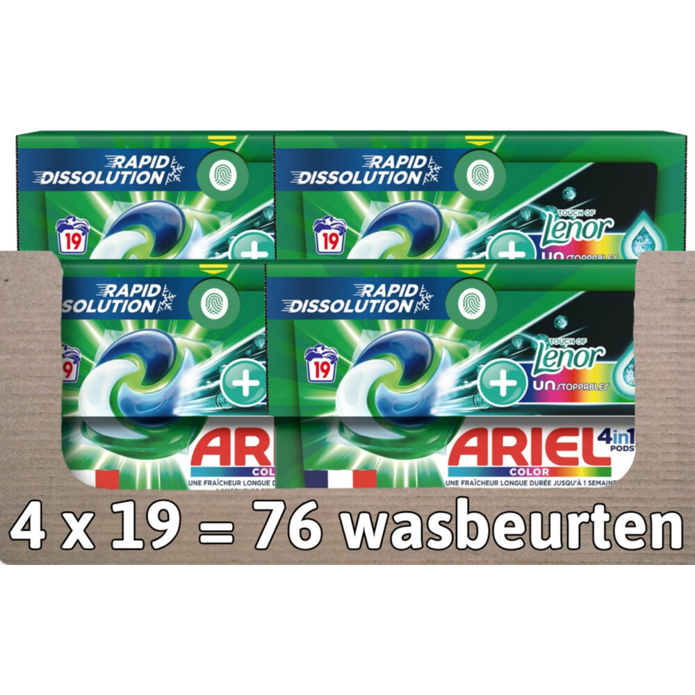4x Ariel 4in1 Wasmiddel Pods Color Lenor Unstoppables 19 stuks