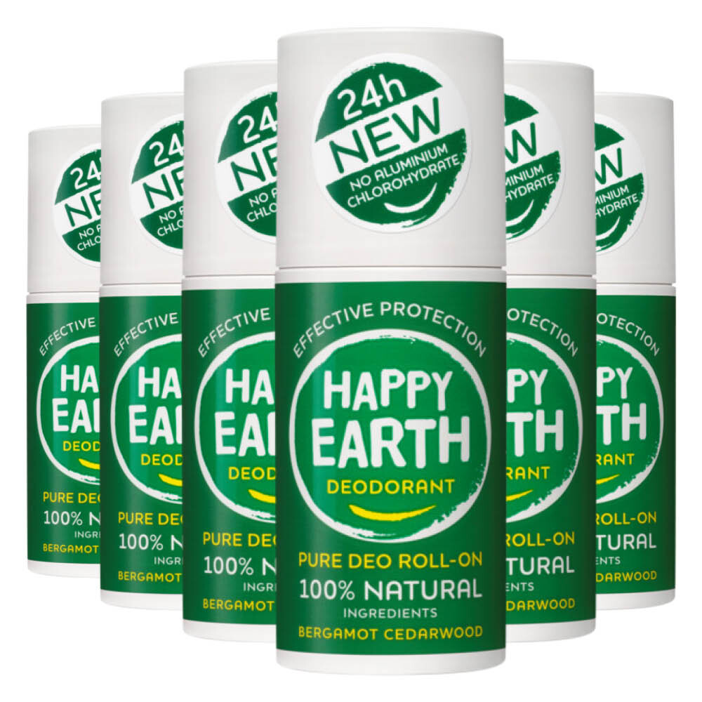 6x Happy Earth 100% Natuurlijke Deodorant Roller Bergamot Cedarwood 75 ml