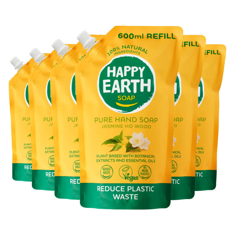 6x Happy Earth 100% Natuurlijke Handzeep Navulling Jasmine Ho Wood 600 ml