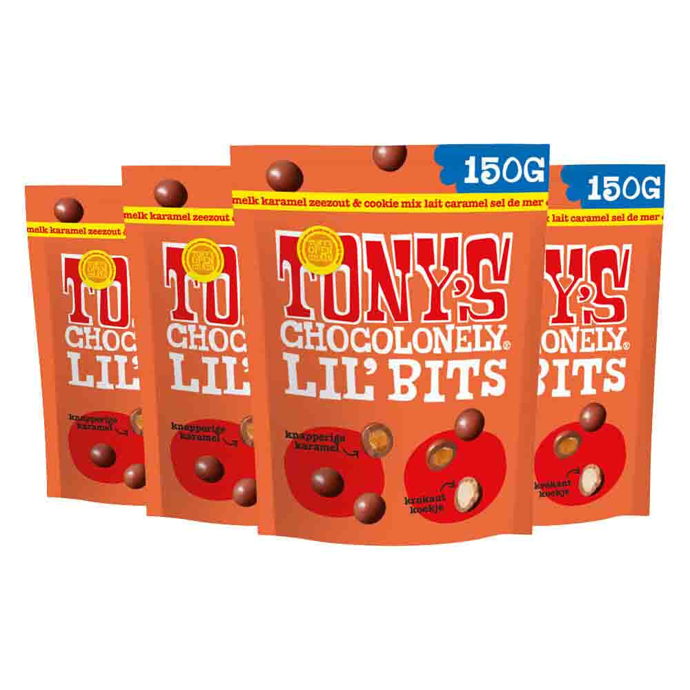 4x Tony's Chocolonely Lil'Bits Melk Karamel Zeezout&Cookie Mix 40 gr