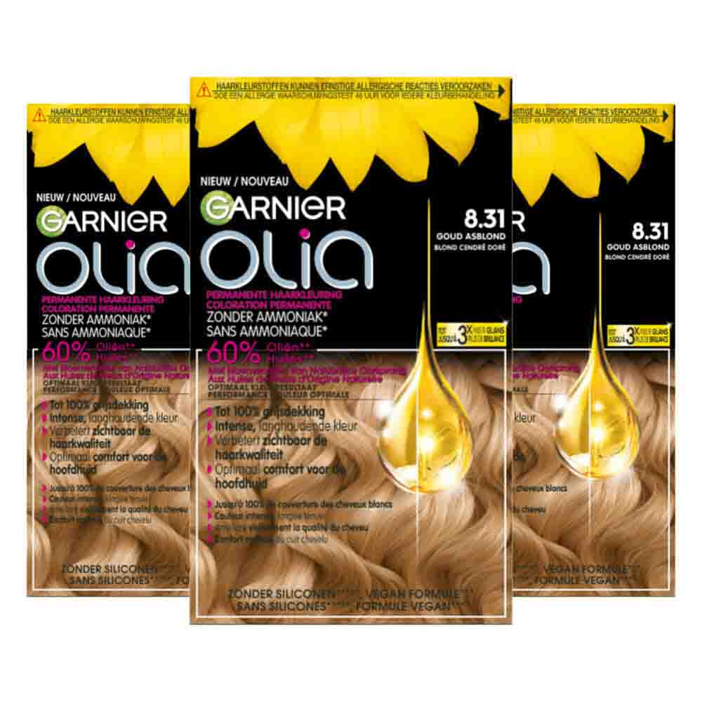3x Garnier Olia Permanente Haarkleuring 8.31 Goud Asblond