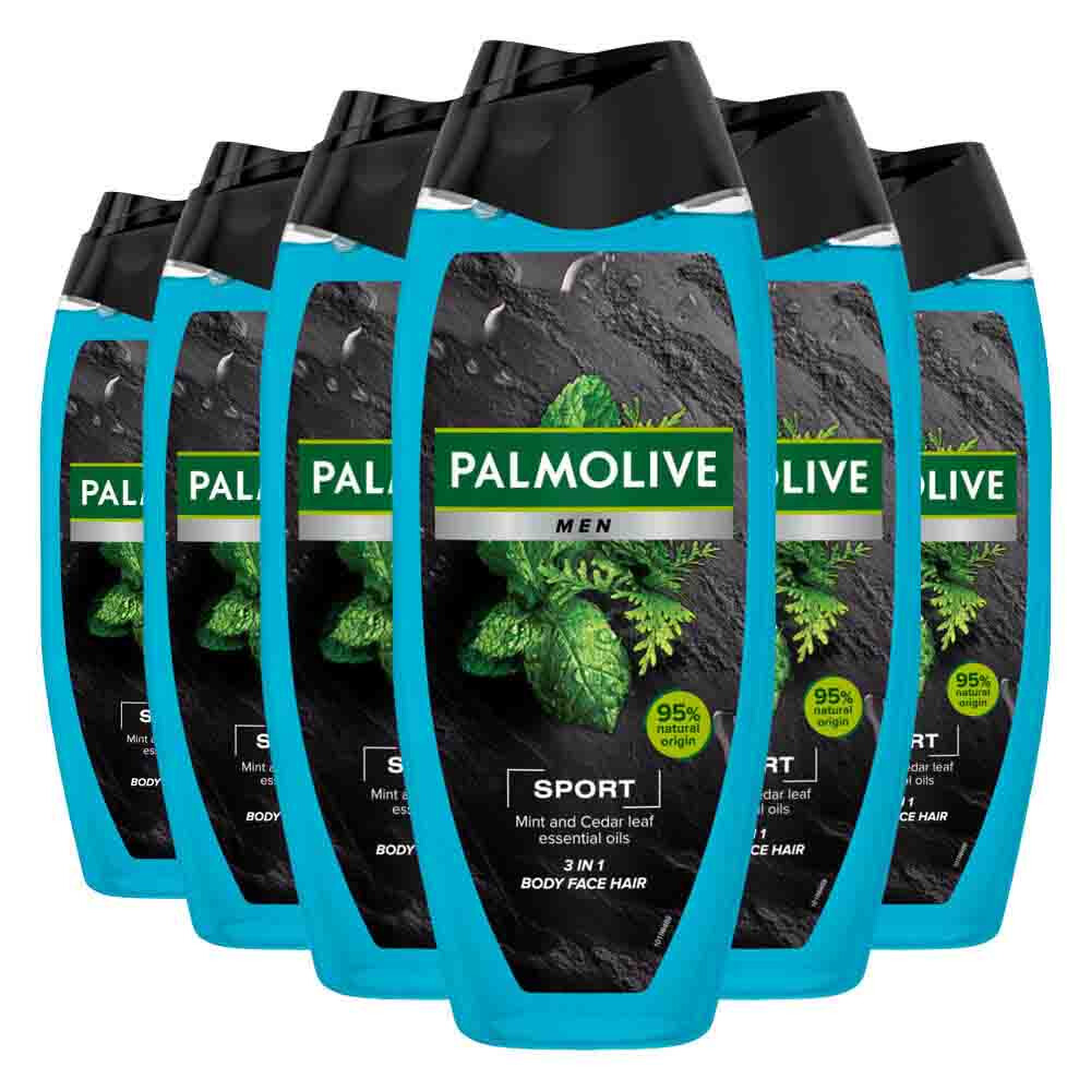 6x Palmolive Men 3-in-1 Body Face Hair Etherische Oliën Munt Cedernaalden 500 ml