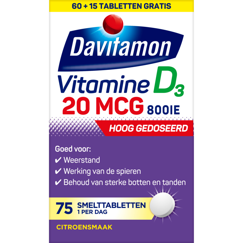 Gratis Verzending: Davitamon Vitamine D3 20mcg Hoog Gedoseerd 75 smelttabletten
