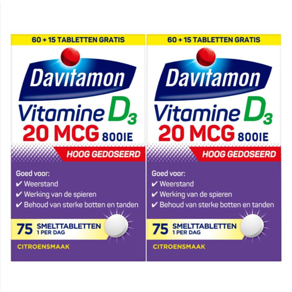 2x Davitamon Vitamine D3 20mcg Hoog Gedoseerd 75 smelttabletten