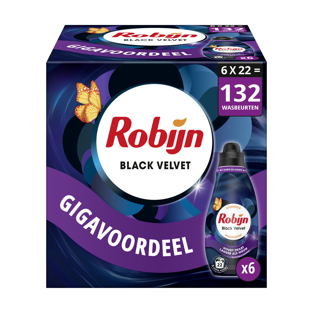 6x Robijn Klein&Krachtig Wasmiddel Black Velvet 22 Wasbeurten 665 ml