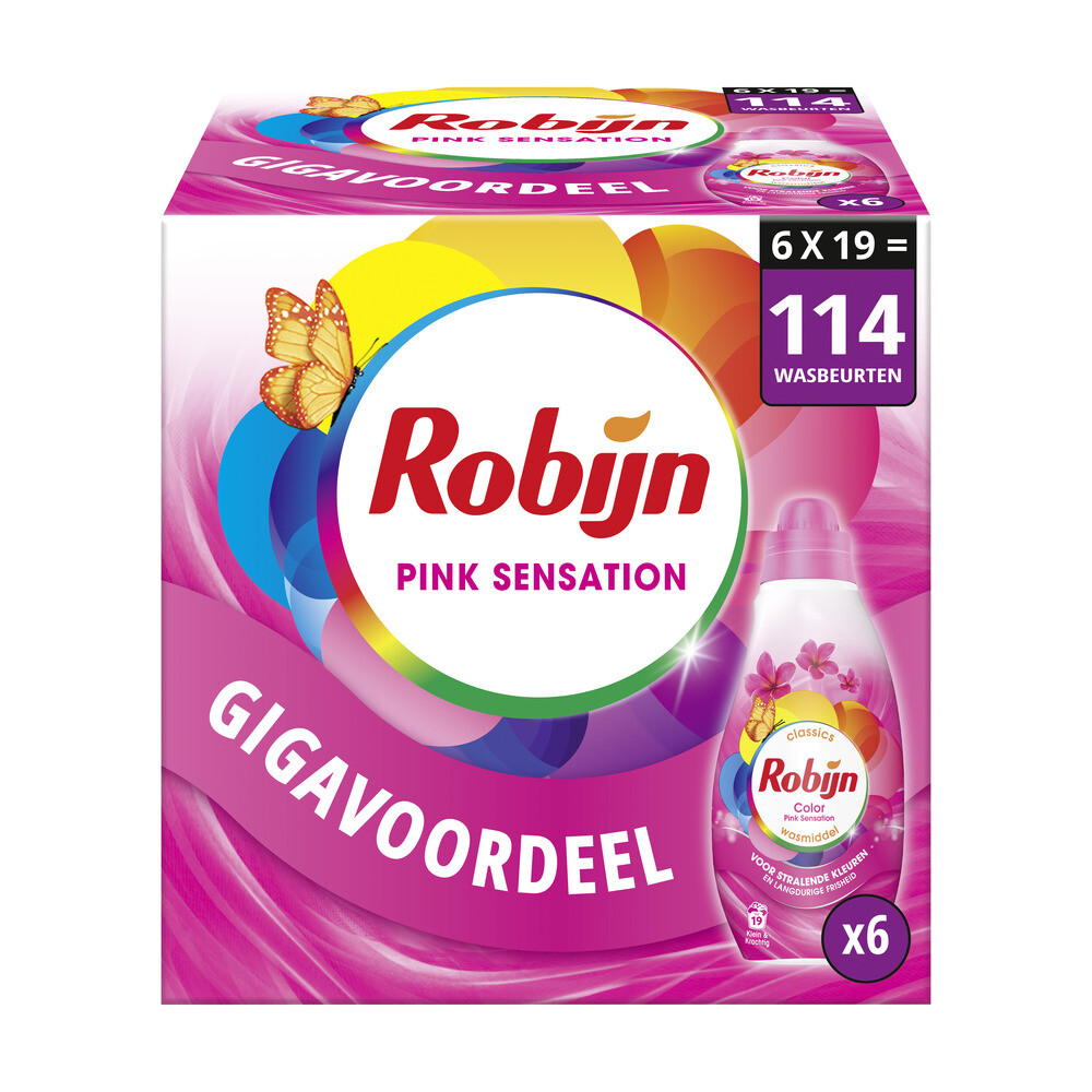 6x Robijn Klein&Krachtig Wasmiddel Pink Sensation 19 Wasbeurten 665 ml