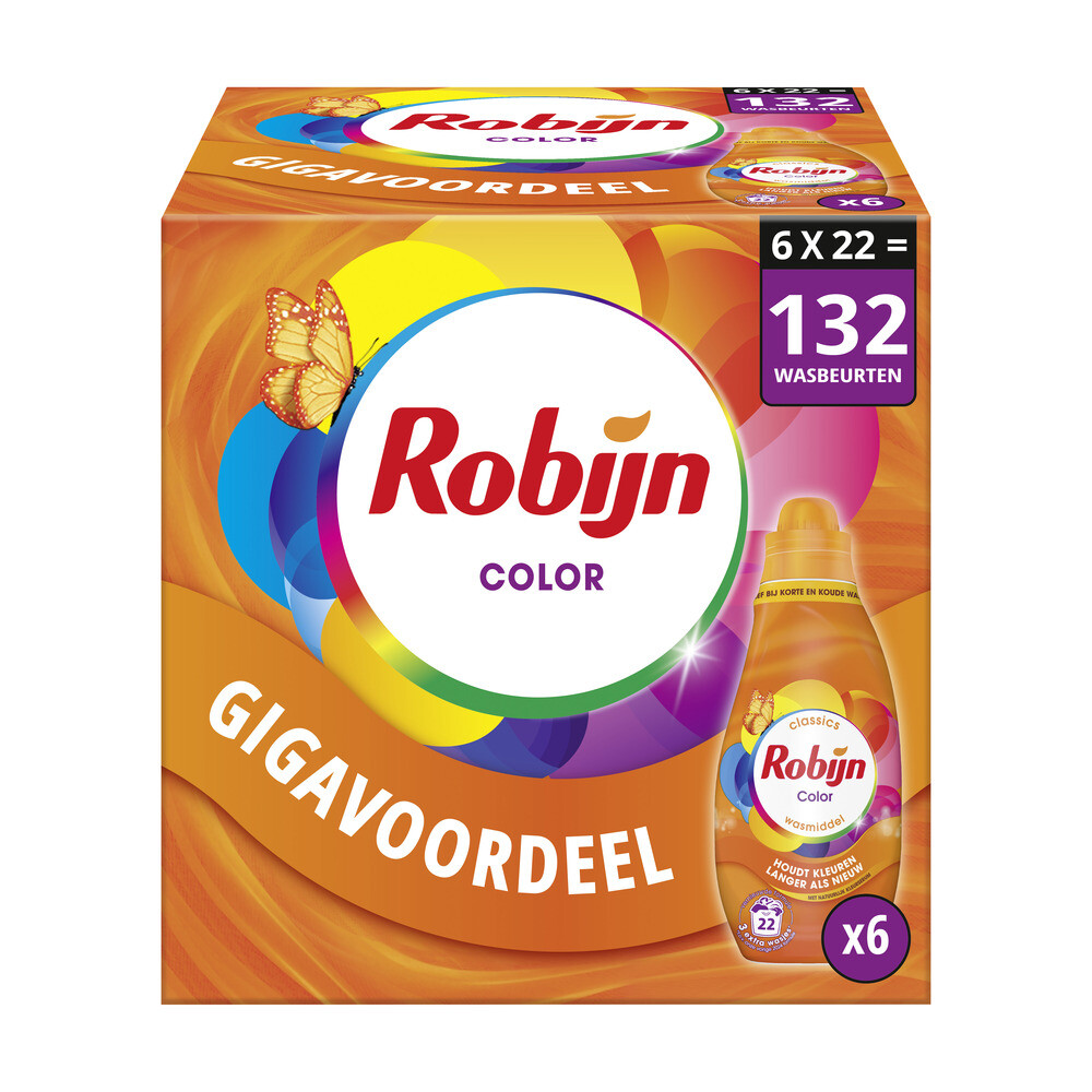 6x Robijn Klein&Krachtig Wasmiddel Color 22 Wasbeurten 665 ml