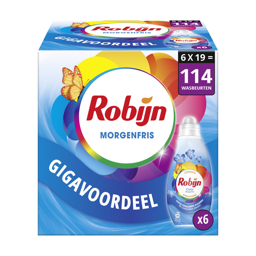 6x Robijn Klein&Krachtig Wasmiddel Morgenfris Color 19 Wasbeurten 665 ml