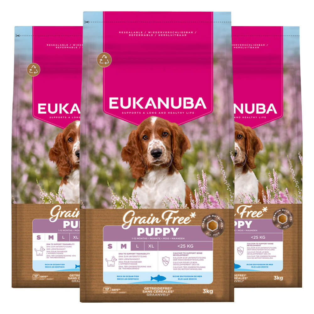 3x Eukanuba Hondenvoer Droog Grain Free Small/Medium Ocean Fish Puppy 3 kg