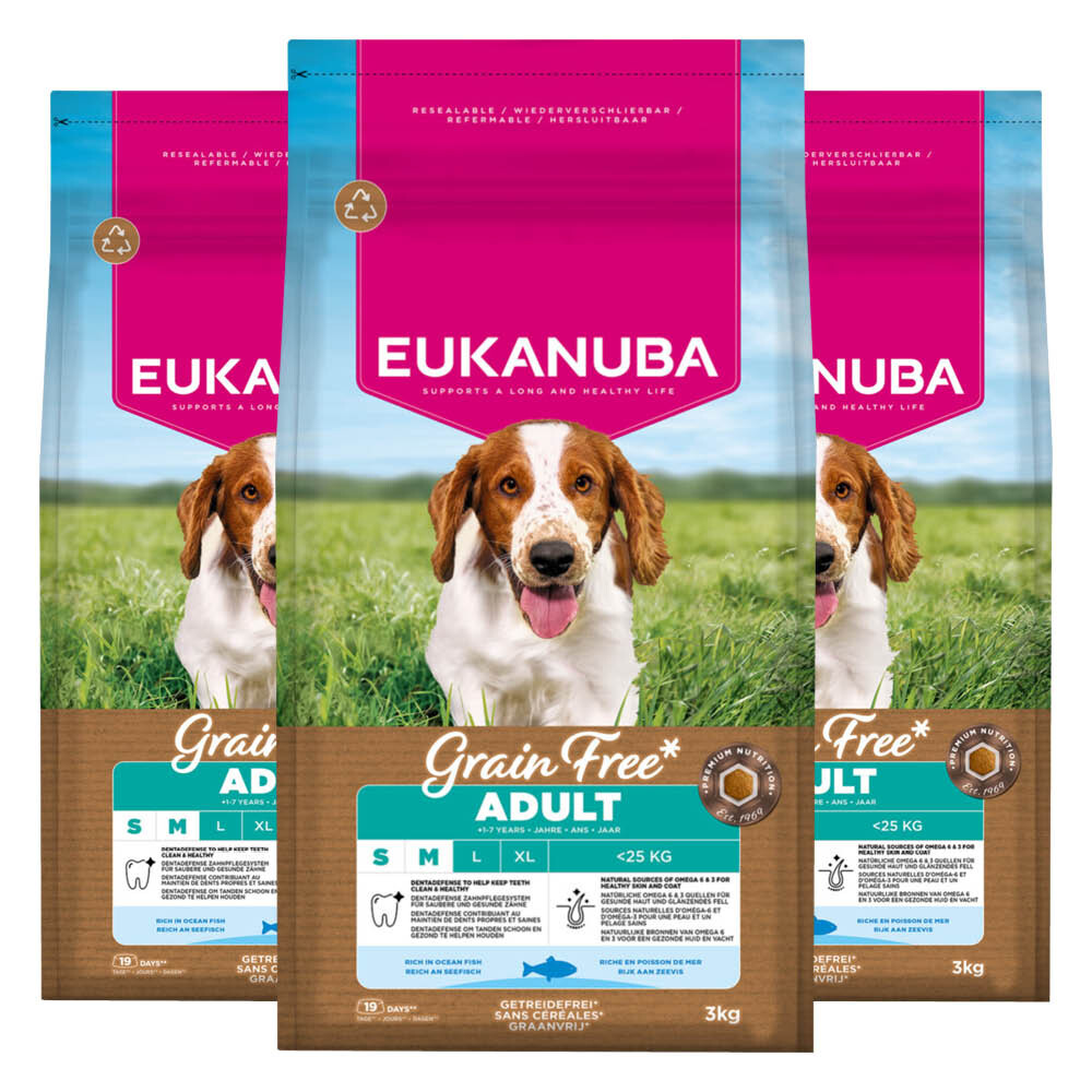 3x Eukanuba Hondenvoer Droog Grain Free Small/Medium Oceaanvis Adult 3 kg