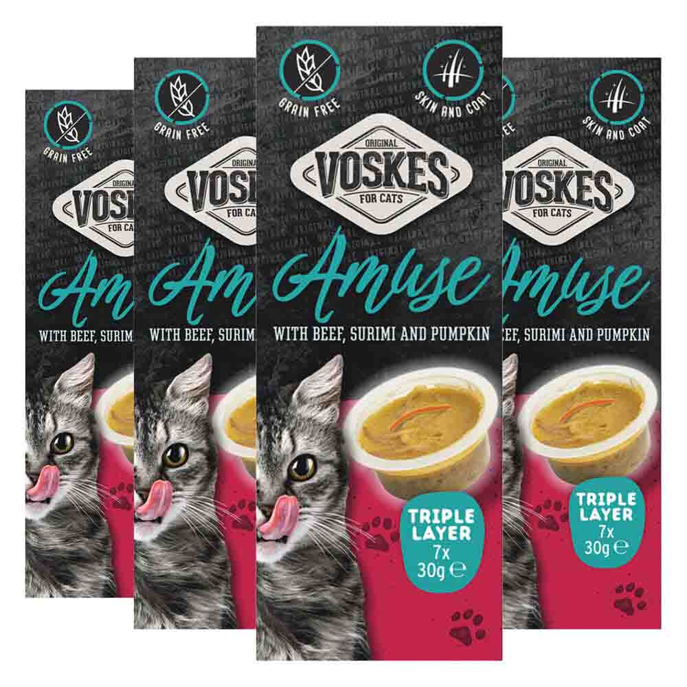 4x Voskes Kattensnack Triple Layer Rund-Sumiri-Pompoen 7x30 gr