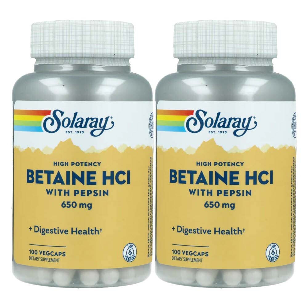 2x Solaray Betaine HCl 650 mg + Pepsin 100 capsules