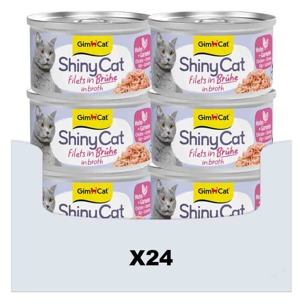 24x GimCat Kattenvoer Nat ShinyCat Filets in Bouillon Kip&Garnalen 70 gr