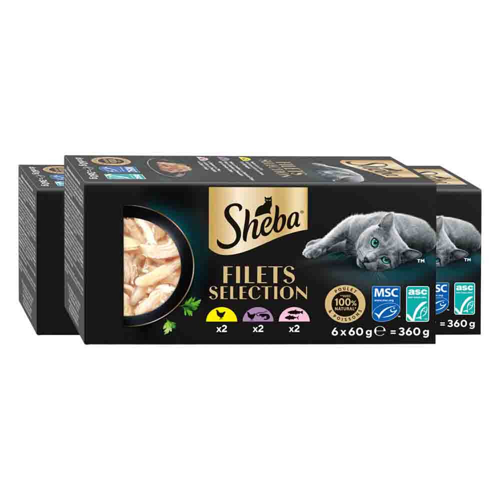 3x Sheba Kattenvoer Nat Filets Kip&Zalm in Saus Multipack 6x60 gr