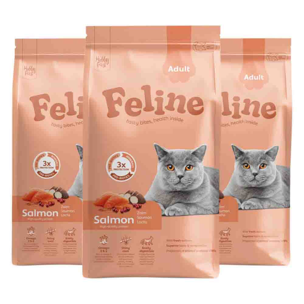 3x HobbyFirst Feline Kattenvoer Droog Adult Zalm 1,5 kg