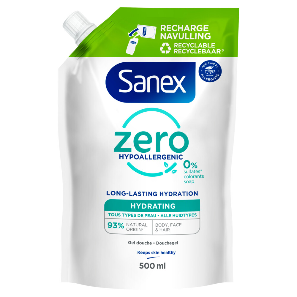 4+2 gratis: Sanex Douchegel Navulzak Zero% Hydrating 500 ml