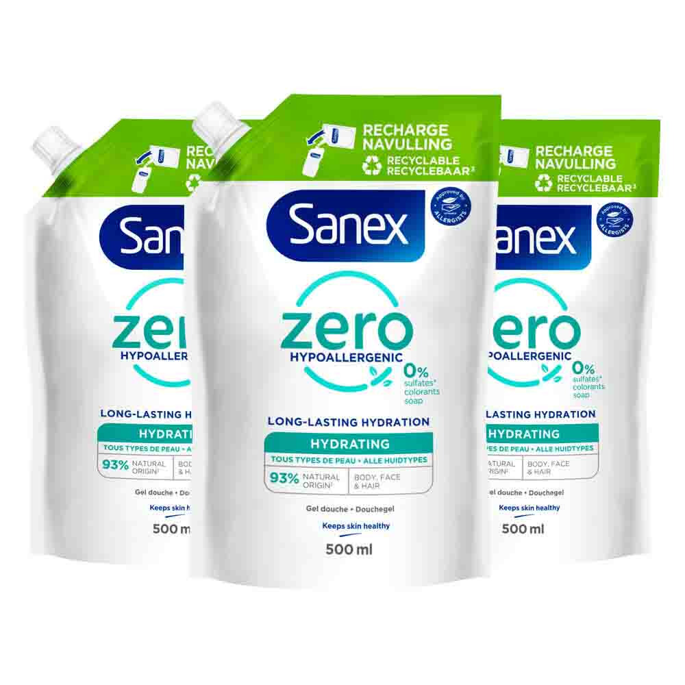 3x Sanex Douchegel Navulzak Zero% Hydrating 500 ml