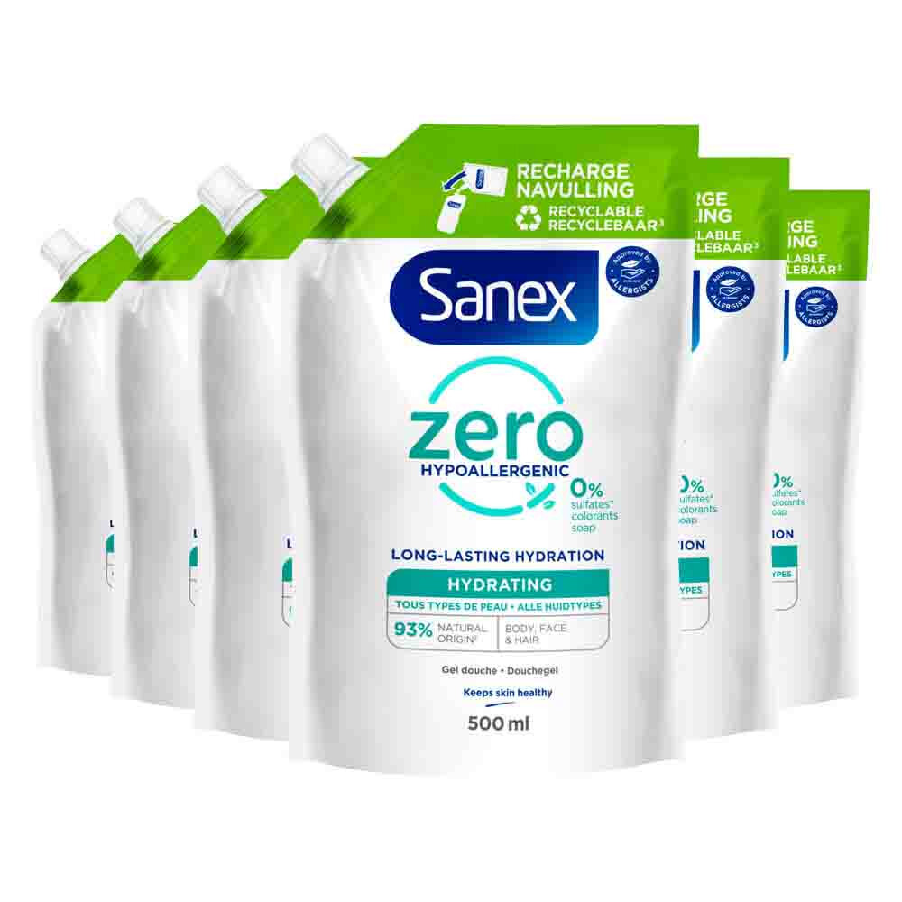 6x Sanex Douchegel Navulzak Zero% Hydrating 500 ml