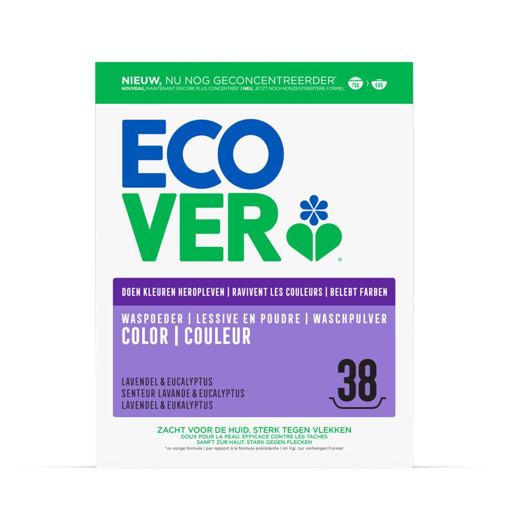 2+1 gratis: Ecover Waspoeder Color 38 Wasbeurten 1,9 kg