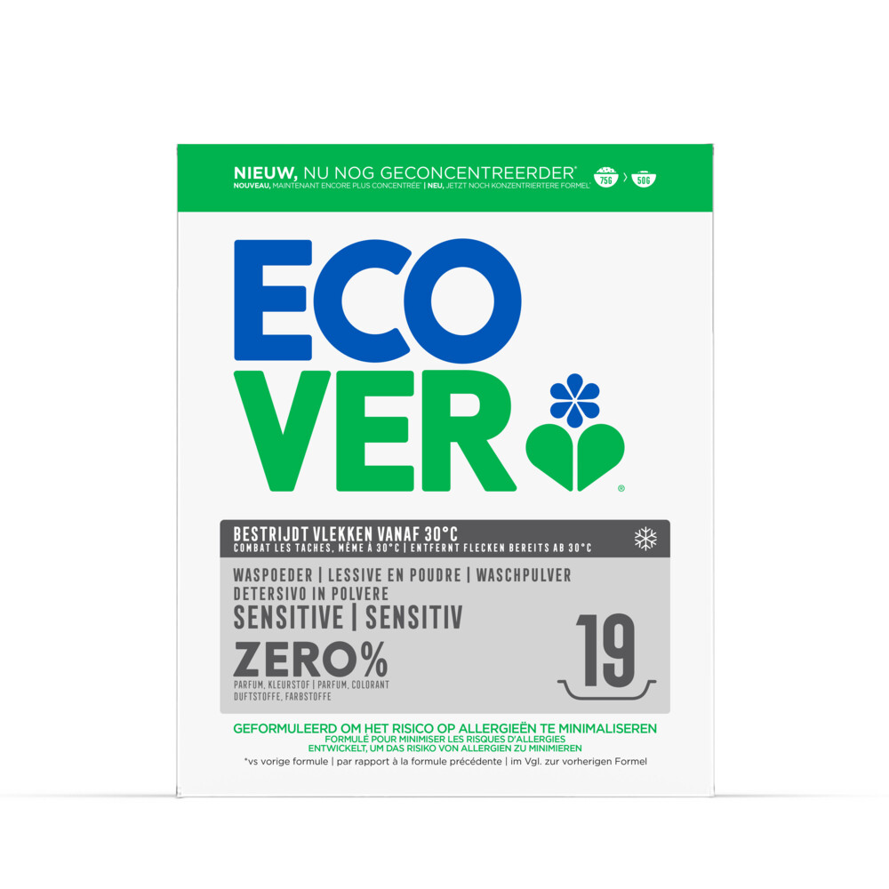 2+1 gratis: Ecover Waspoeder Universeel Zero 19 Wasbeurten 950 gr