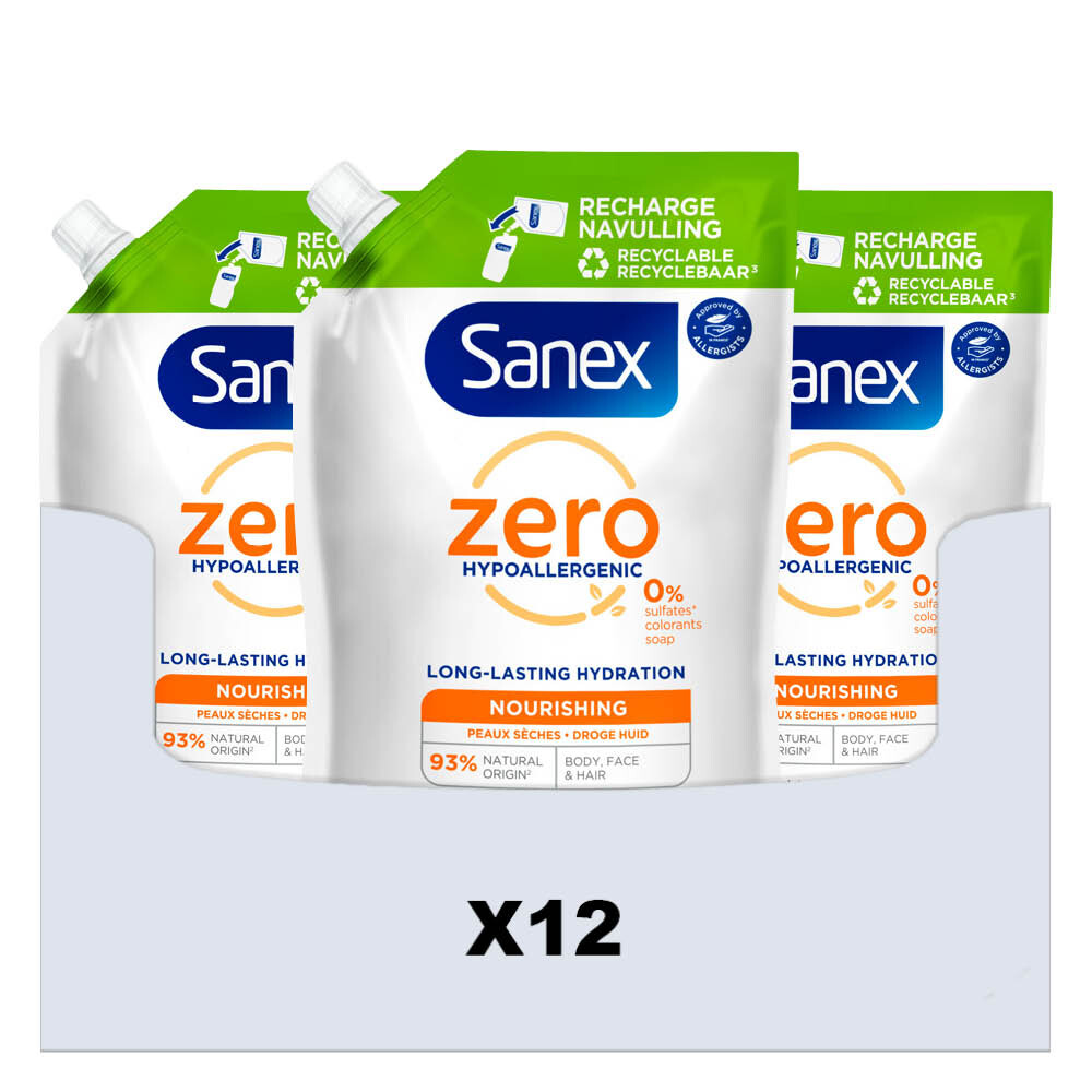 12x Sanex Douchegel Navulzak Zero% Nourishing 500 ml
