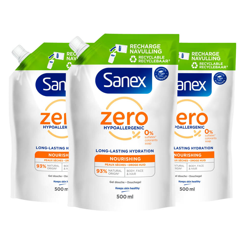 3x Sanex Douchegel Navulzak Zero% Nourishing 500 ml