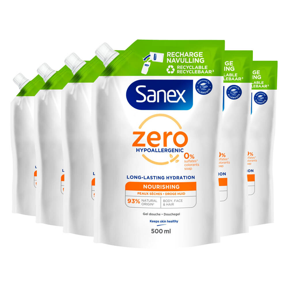 6x Sanex Douchegel Navulzak Zero% Nourishing 500 ml