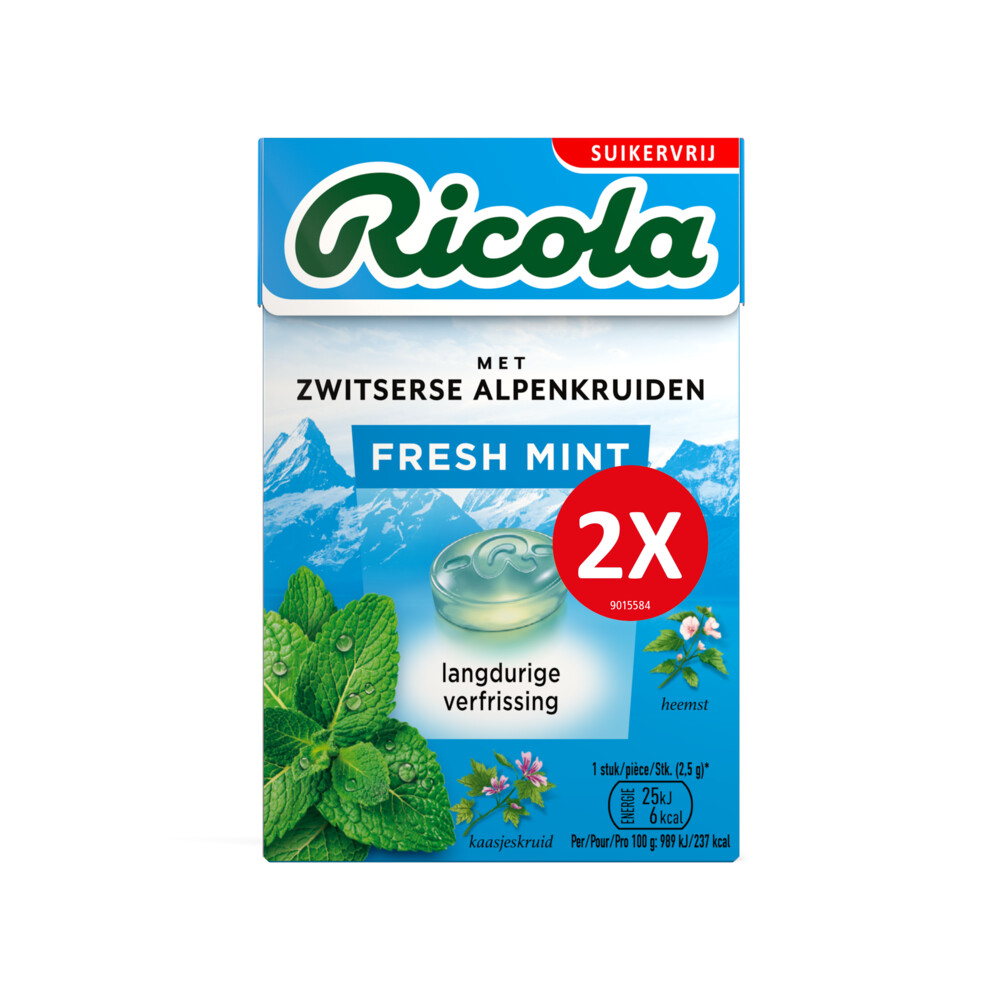 10x Ricola Keelpastilles Duo Fresh Mint Suikervrij 2 x 50 gr