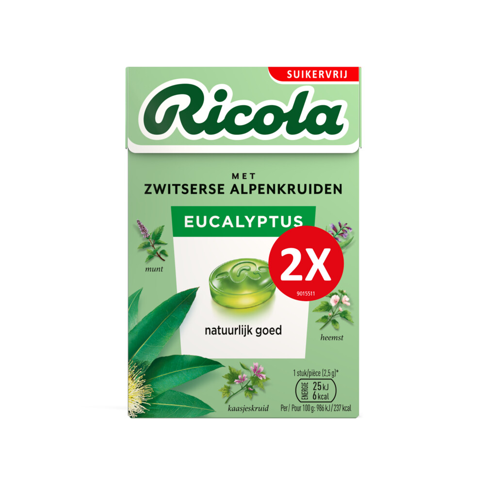 10x Ricola Keelpastilles Duo Eucalyptus Suikervrij 2 x 50 gr