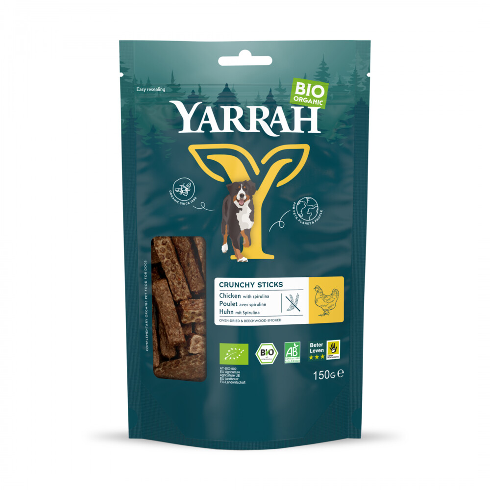 8x Yarrah Hond Bio Oven-Dried Chicken Crunchy Sticks 150 gr