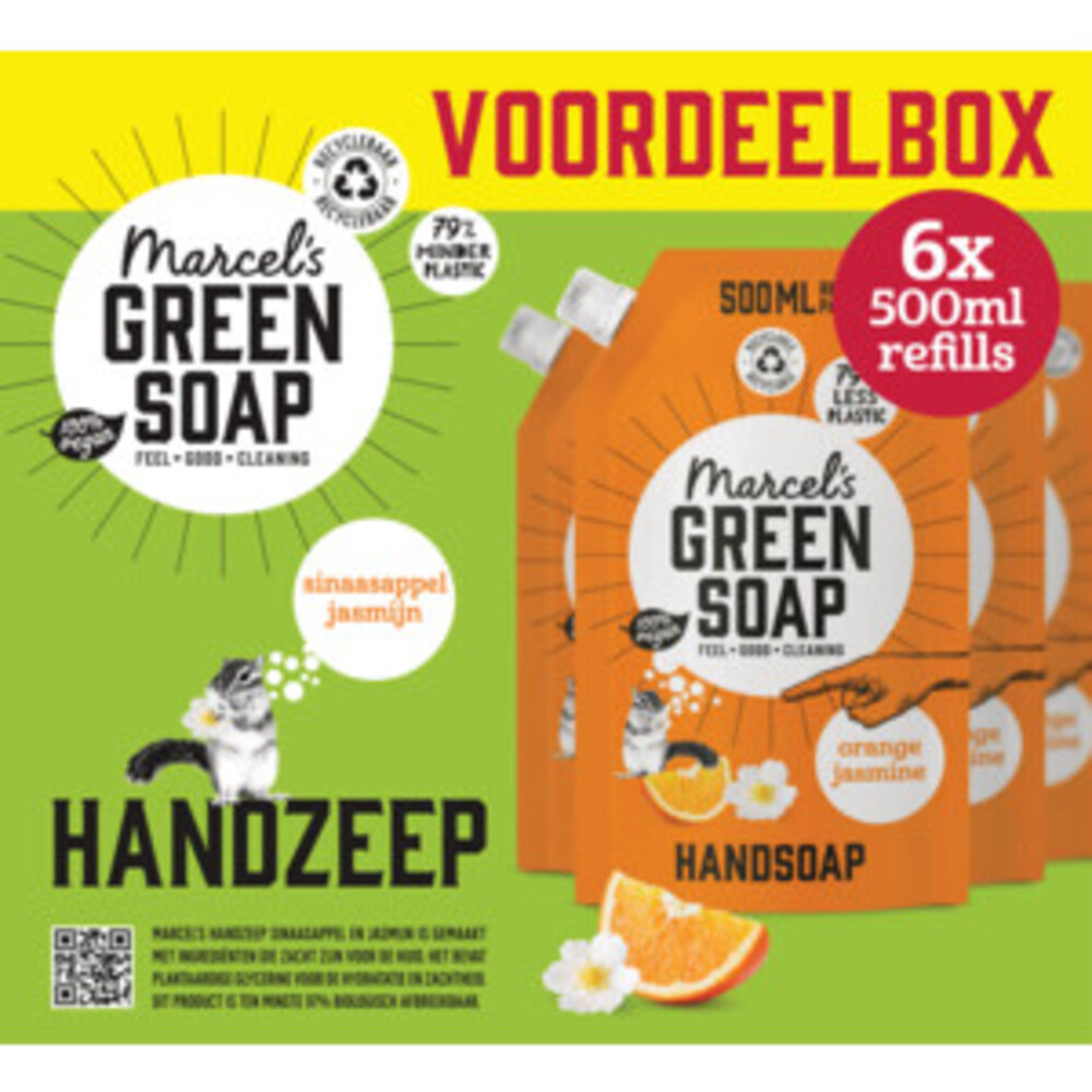 Marcel's Green Soap Handzeep Navulling Voordeelbox Sinaasappel & Jasmijn 6 x 500 ml