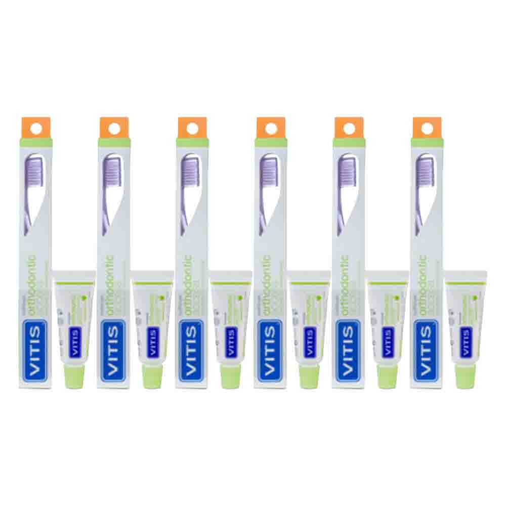 6x Vitis Tandenborstel + Mini Tandpasta Orthodontic