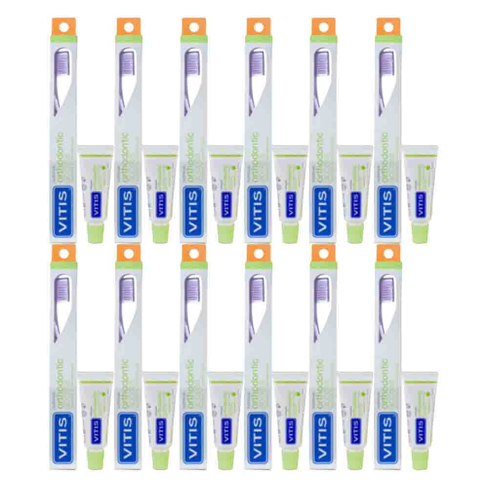 12x Vitis Tandenborstel + Mini Tandpasta Orthodontic