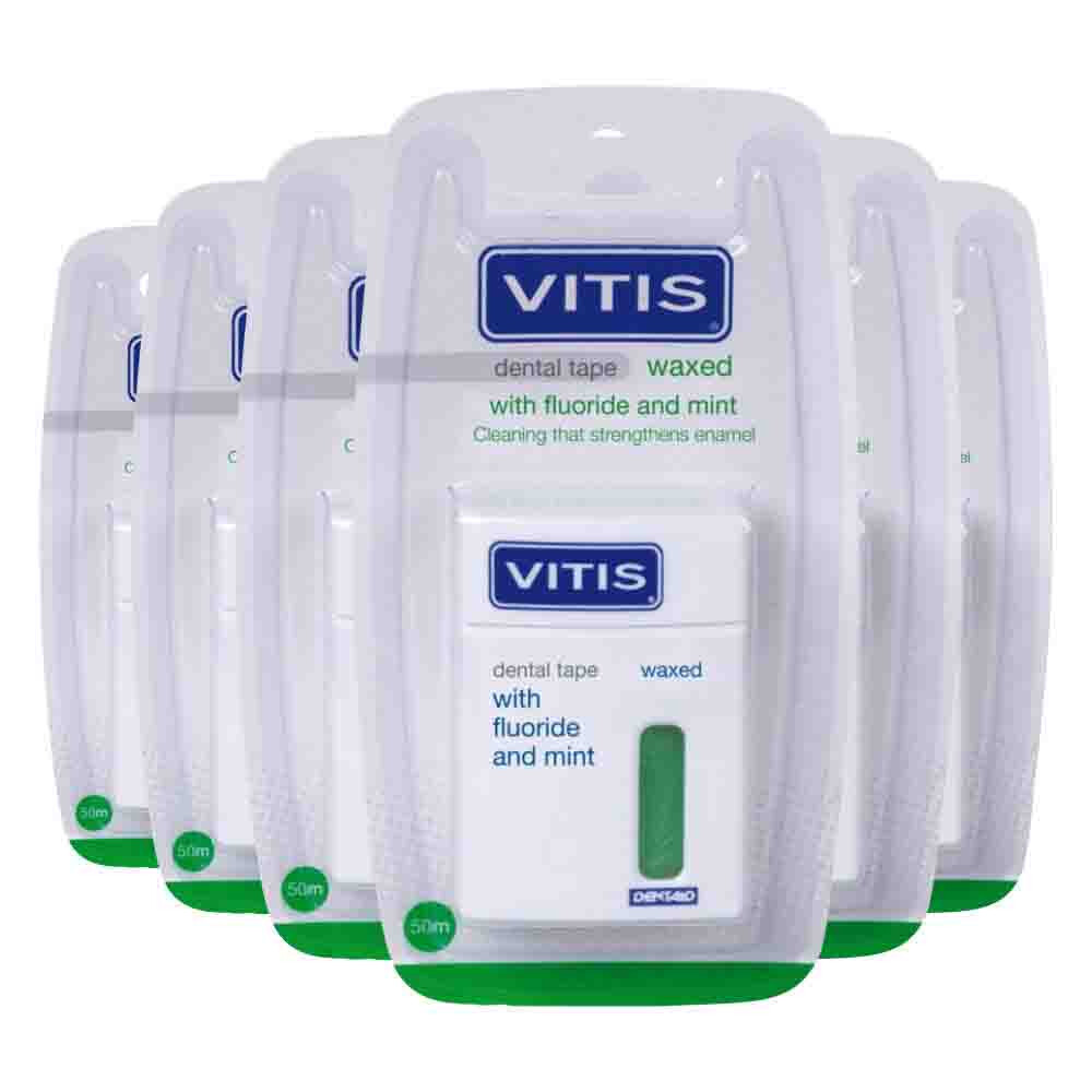 6x Vitis Waxed Dental Tape Fluoride & Mint 50 meter