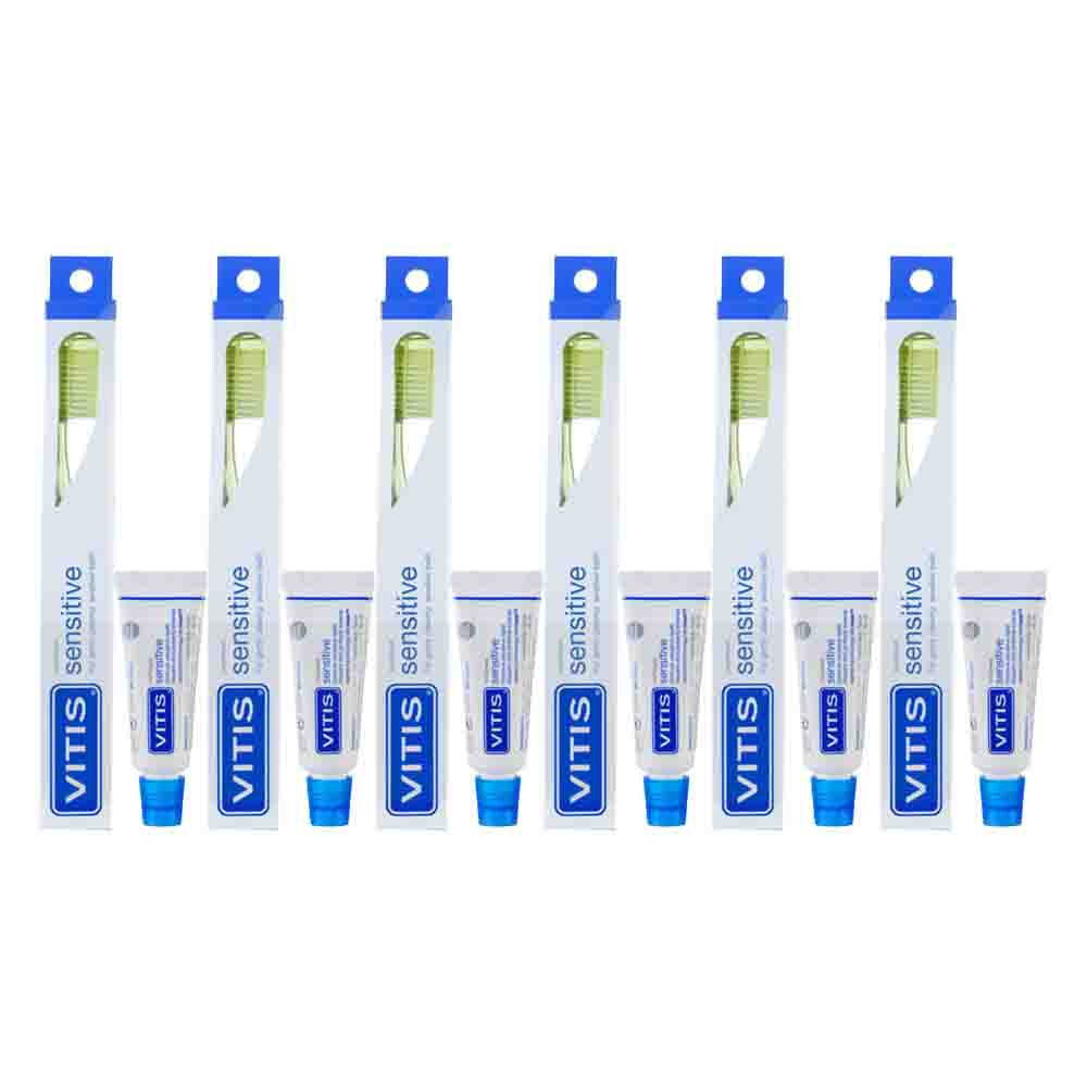 6x Vitis Tandenborstel + Mini Tandpasta Sensitive