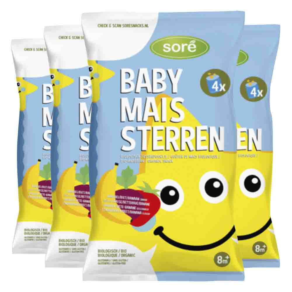 4x Sore Baby Maissterren Multipack Aardbei/ Biet/ Banaan 4x15 gr