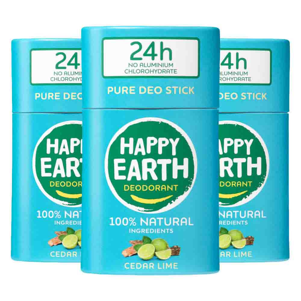 3x Happy Earth 100% Natuurlijke Deodorant Stick Cedar Lime 40 gr