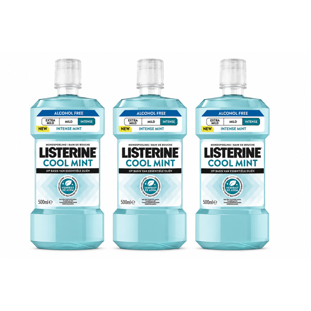 3x Listerine Mondwater Coolmint Intense Mint Alcoholvrij 500 ml