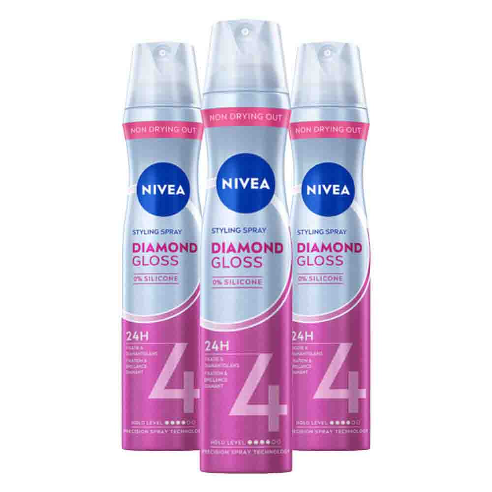 3x NIVEA Styling Spray Hold 4 Diamond Gloss Care 250 ml