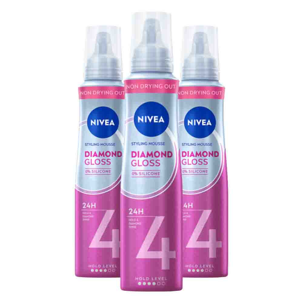 3x NIVEA Styling Mousse Hold 4 Diamond Gloss Care 150 ml