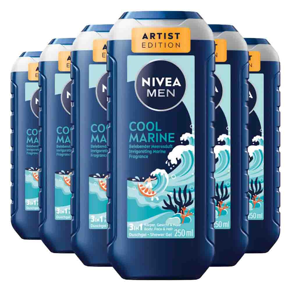6x NIVEA Men Shampoo & Douchegel 3in1 Cool Marine 250 ml