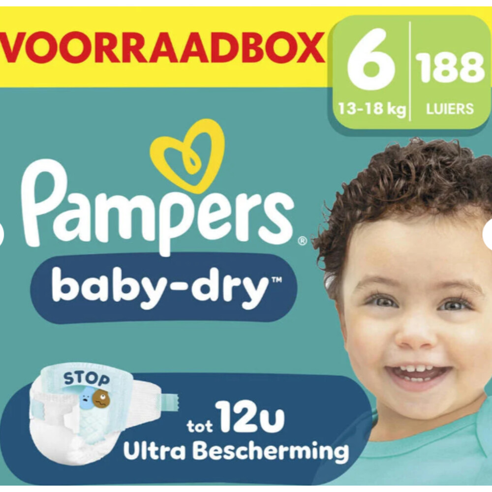 Pampers Baby-Dry Maat 6 - 188 Luiers - 13kg-18kg - Voorraadbox