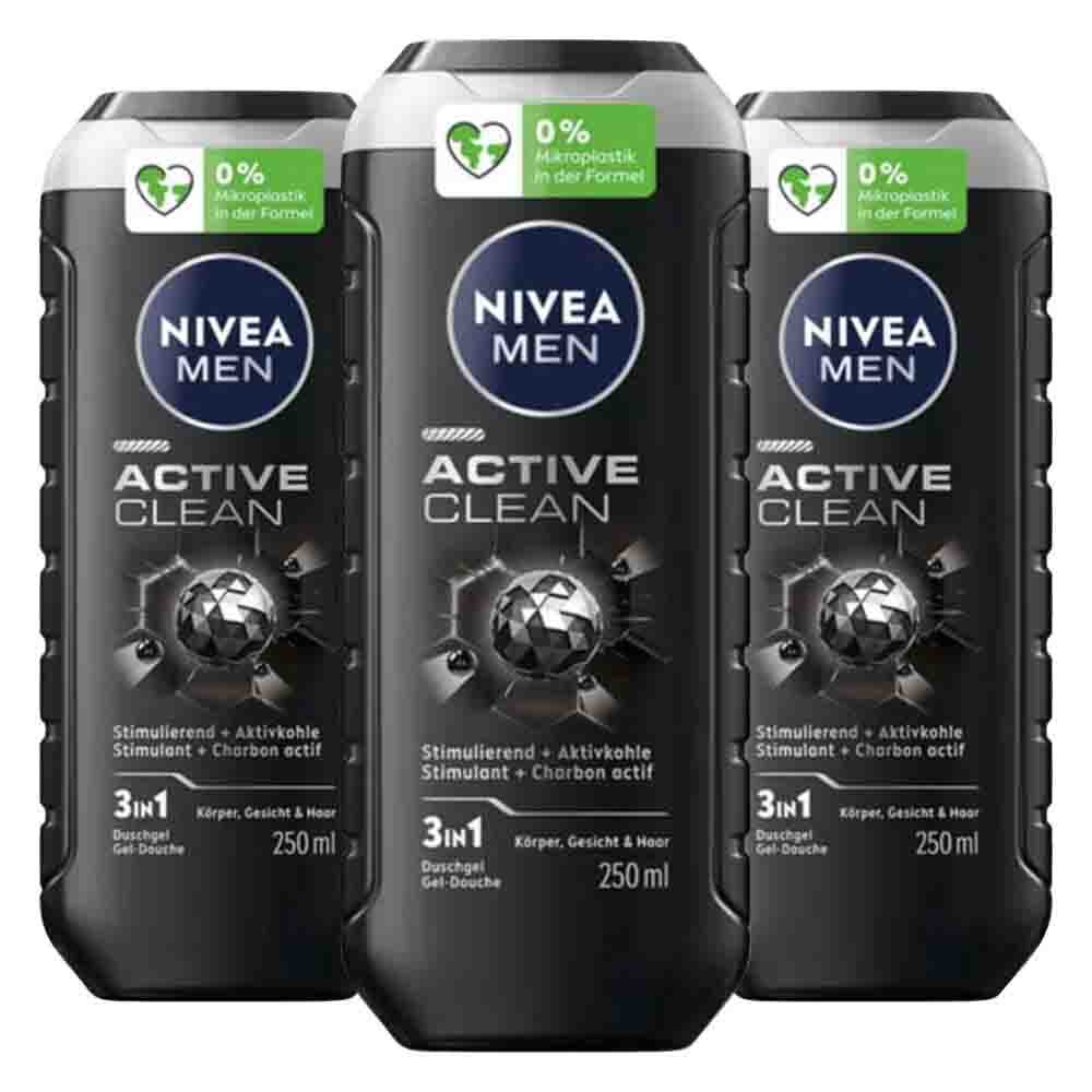 3x NIVEA Men Shampoo & Douchegel 3in1 Active Clean 250 ml